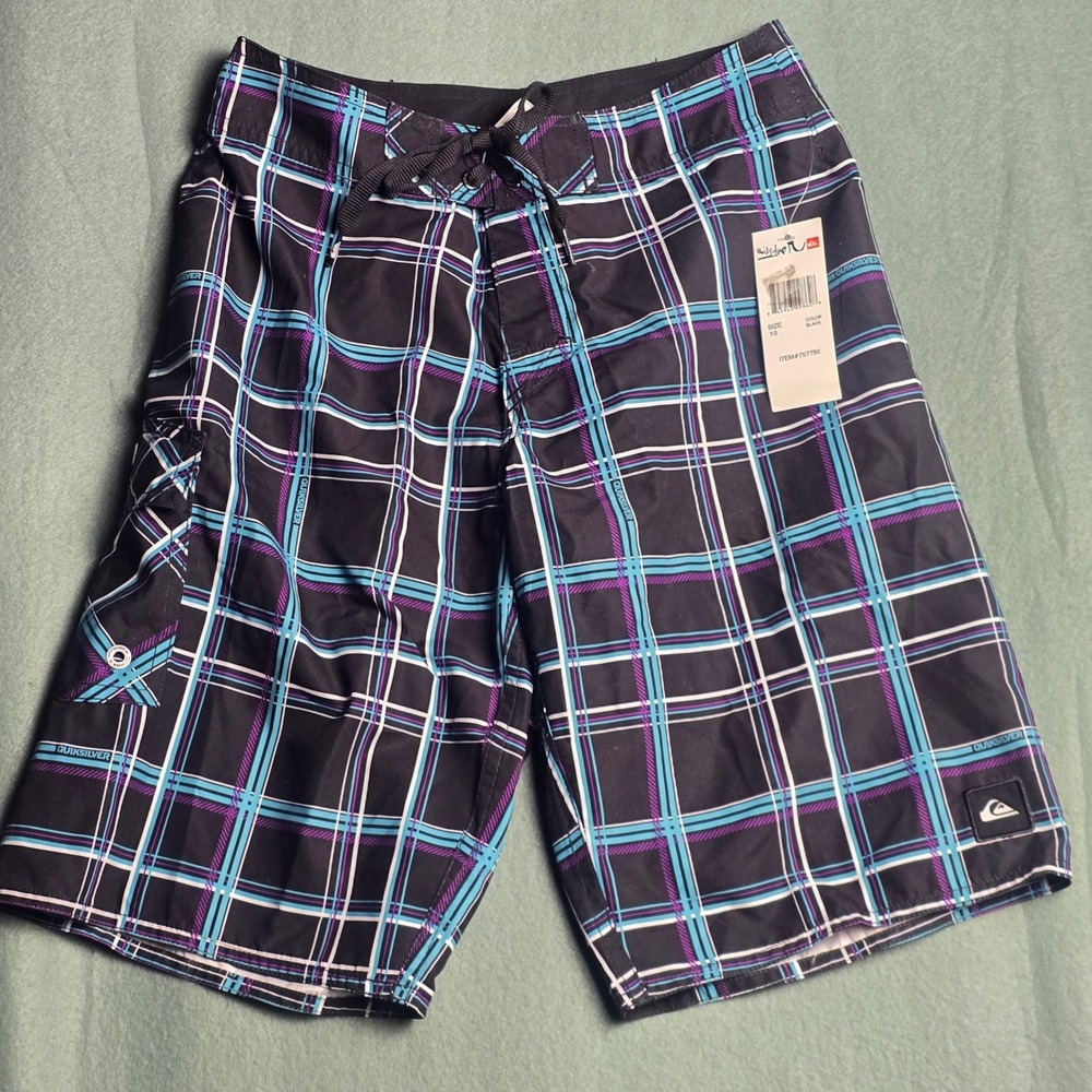 Quiksilver Boys Plaid Board Shorts Black Teal Purple Swim Trunks Size 10 NEW‎